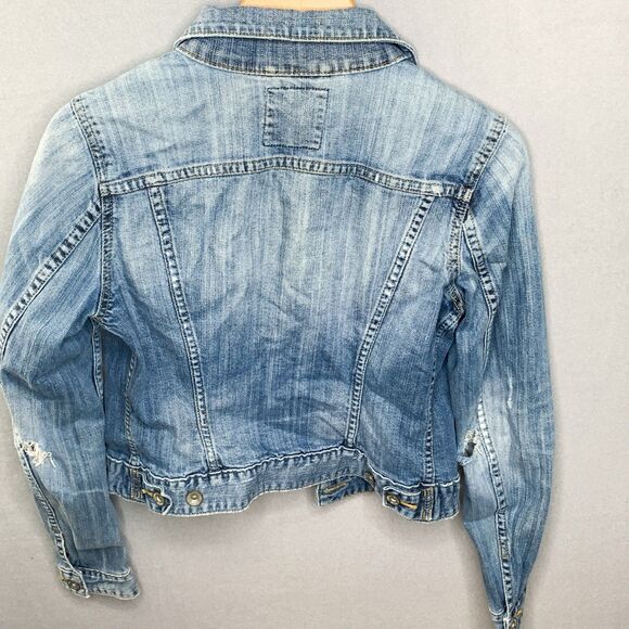 LOGG H&M Blue Faded Vintage Wash Distressed Denim Jacket Women Button Country - Picture 3 of 11